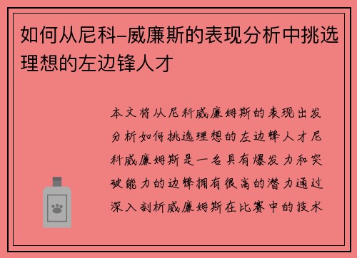 如何从尼科-威廉斯的表现分析中挑选理想的左边锋人才