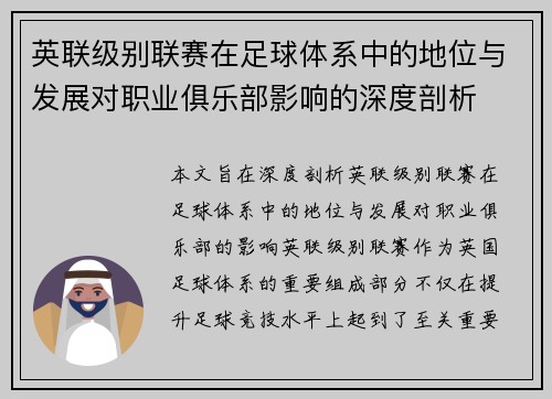 英联级别联赛在足球体系中的地位与发展对职业俱乐部影响的深度剖析